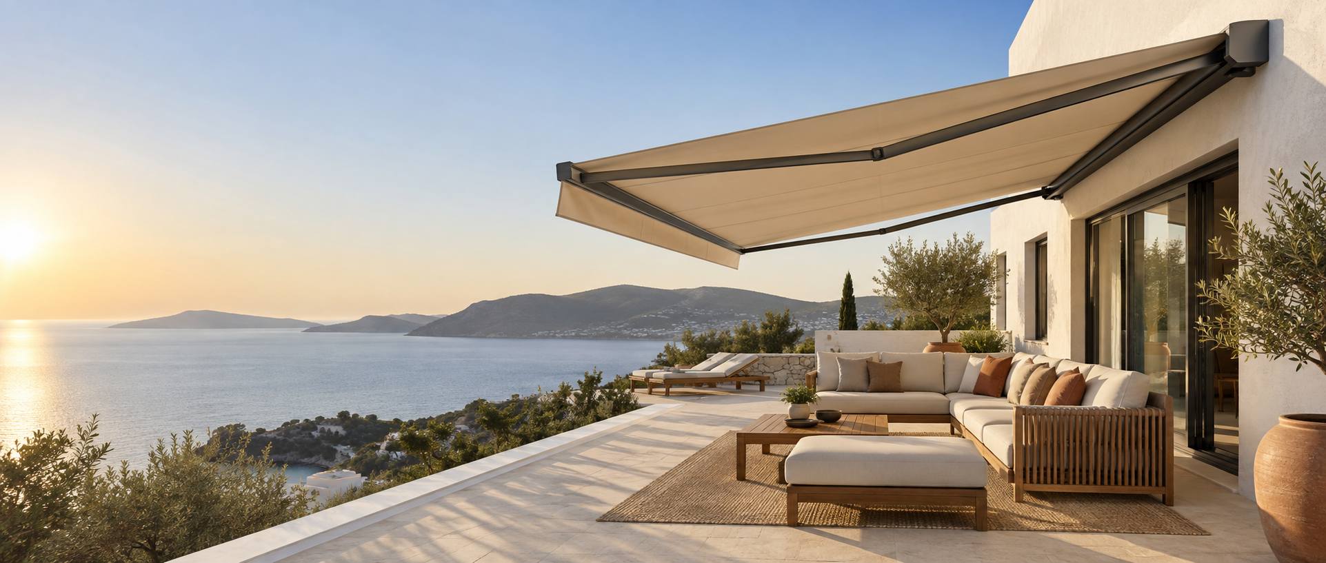 Modern retractable awning shading a Mediterranean terrace